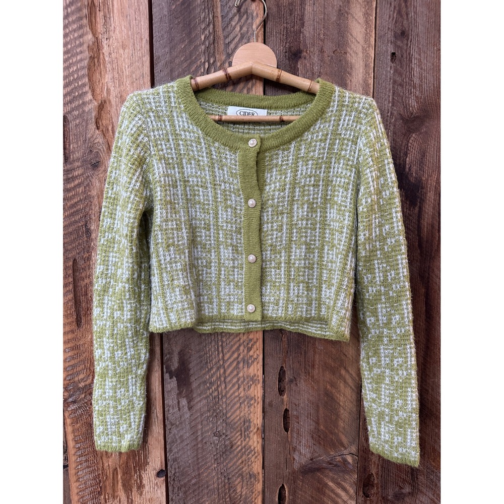 Cider Olive Green & White Tweed Cropped Cardigan Sweater